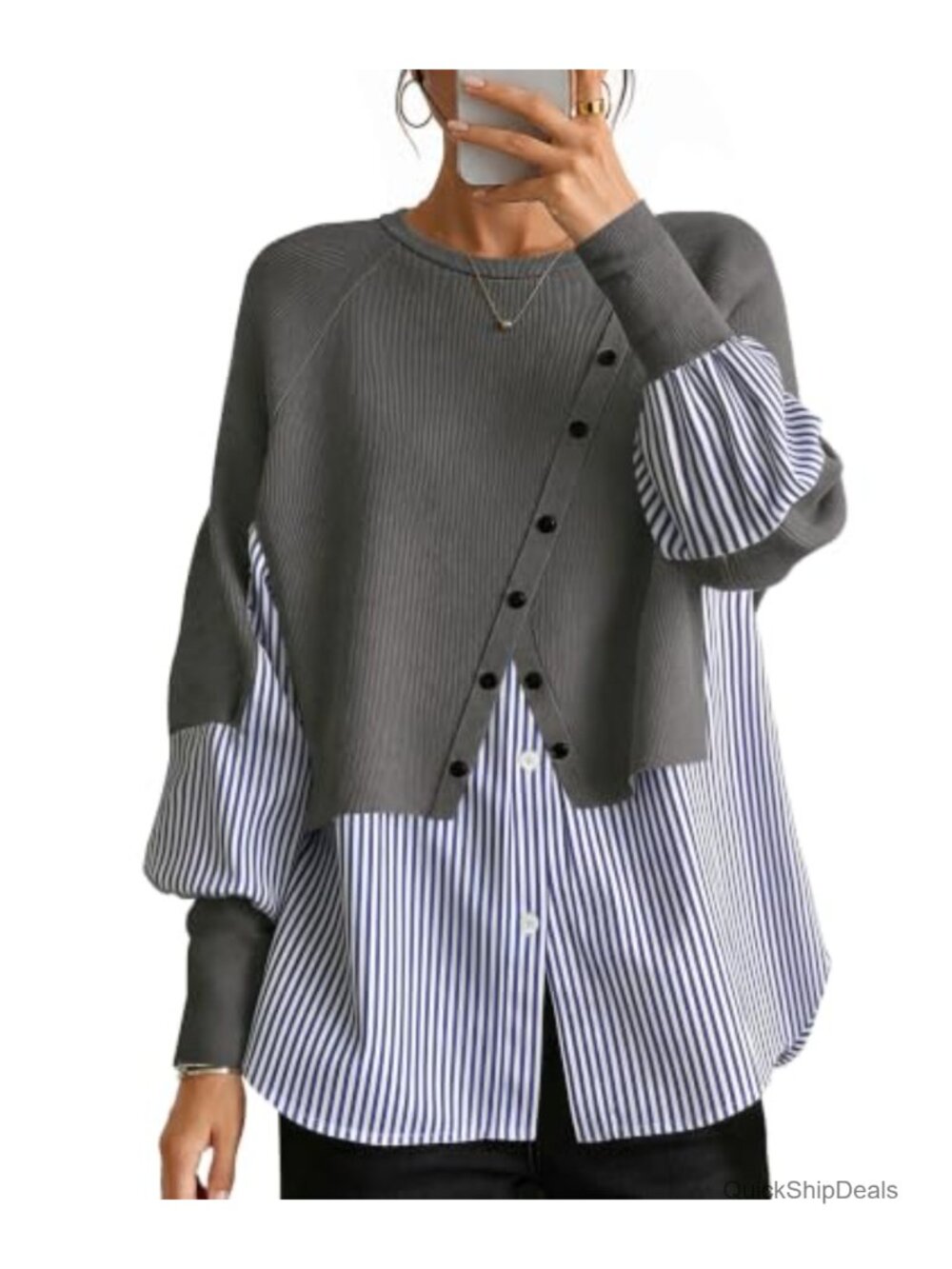 Women's Knit Tunic Top Layered Patchwork Lightweight Teacher Sweater